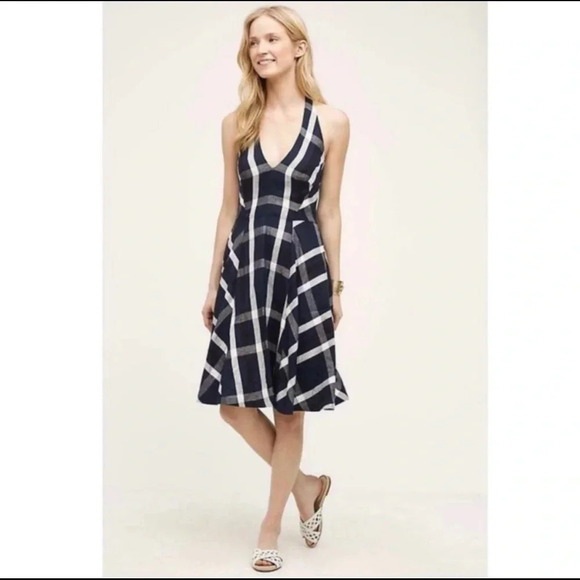 Eva Franco Dresses & Skirts - Eva Franco Anthropologie Anya Navy Plaid Linen Blend Halter Dress Size 2